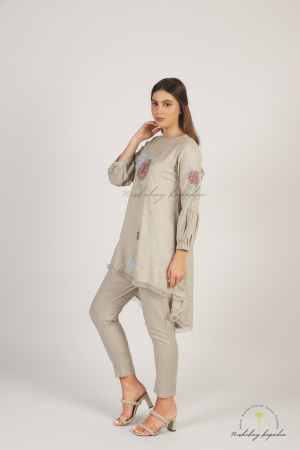 NK LINEN LAZER CUT WORK EMBROIDERED TUNIC CORD SET