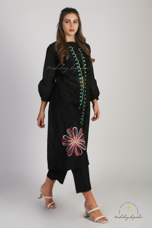 NK 3PC CHANDERI WITH AZALEA FLOWER EMBROIDERED CROP-TOP JACKET SET