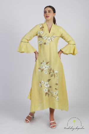 NK YELLOW C-CUT FLORAL HAND-PAINTED GOWN