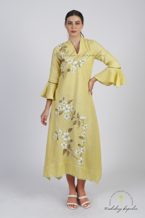 NK YELLOW C-CUT FLORAL HAND-PAINTED GOWN