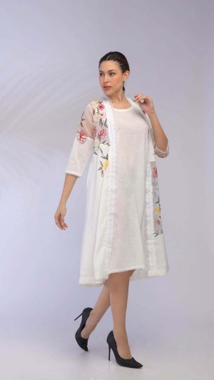 NK WHITE LINEN INNER WITH FLORAL EMBROIDERED JACKET SET