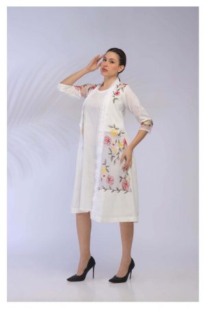 NK WHITE LINEN INNER WITH FLORAL EMBROIDERED JACKET SET