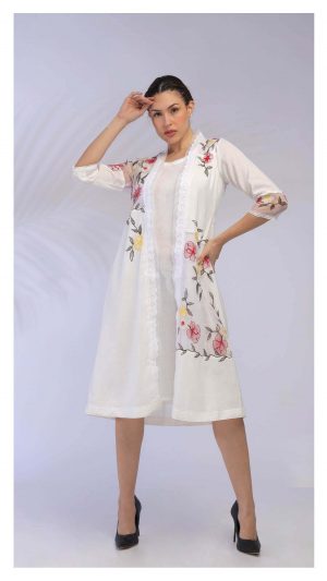 NK WHITE LINEN INNER WITH FLORAL EMBROIDERED JACKET SET