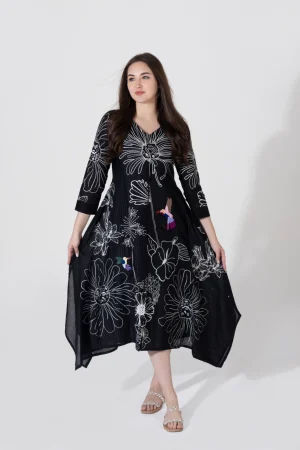 NK BLACK C-CUT SCREENING BIRD EMBROIDRED DRESS