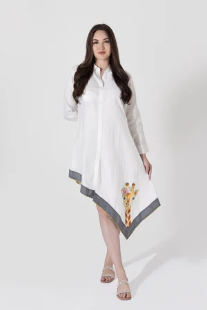 NK ASYMMETRICAL GIRAFFE HAND-PAINTED LINEN DRESS