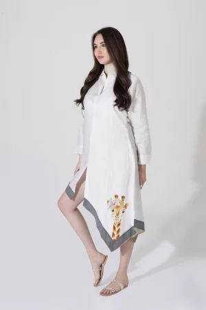 NK ASYMMETRICAL GIRAFFE HAND-PAINTED LINEN DRESS